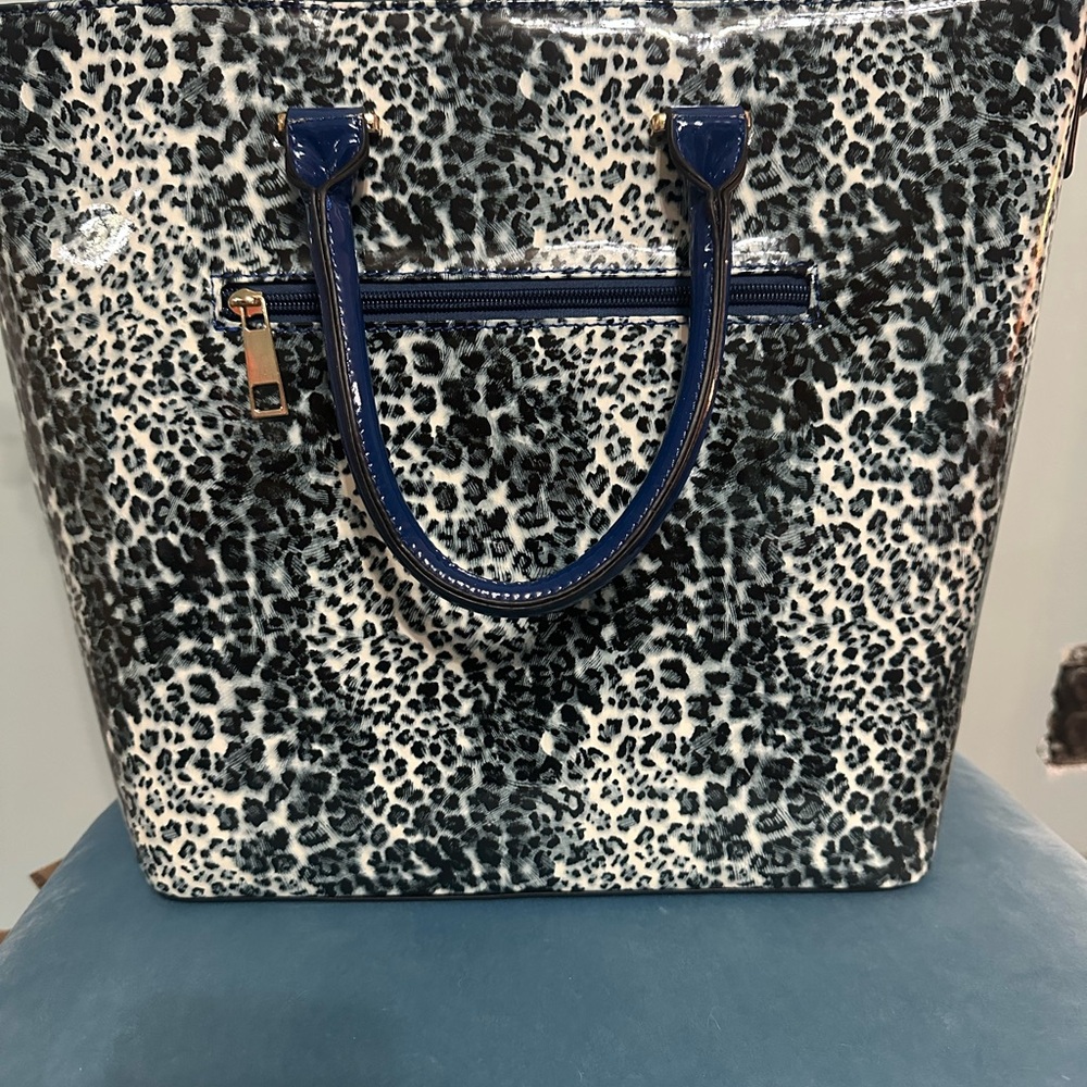 -SOLD-Bebe Rare Elegant Blue and Animal Print Tote Bag - Picture 3 of 9
